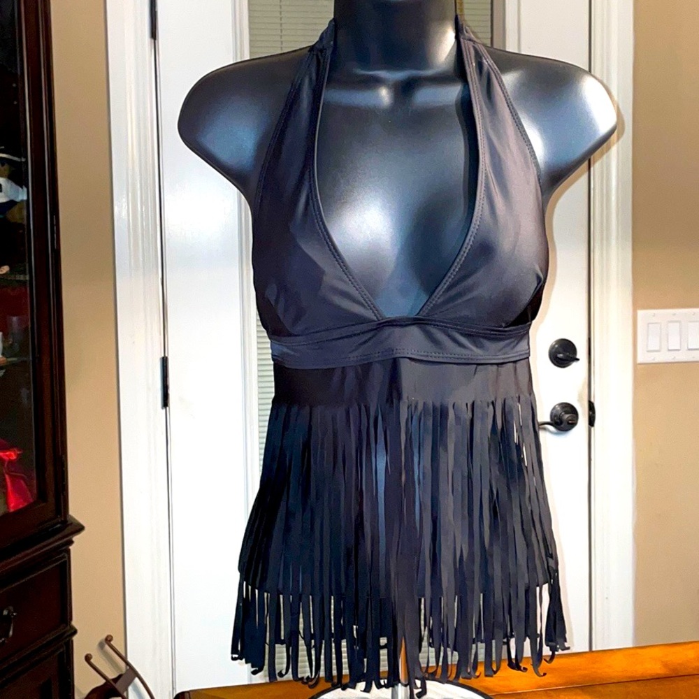 2 Piece BIKINI TOP M BLACK HALTER with 11”Tassels & Bikini bottom 8-10 Included